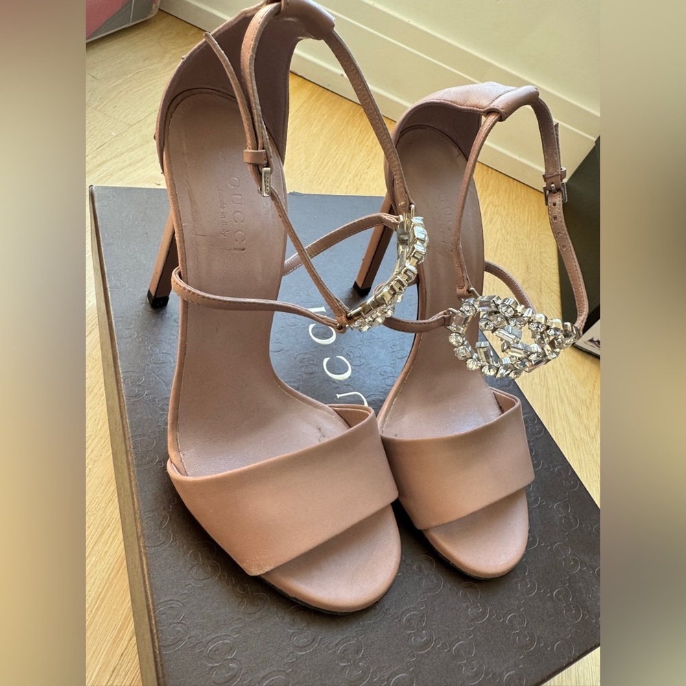 GUCCI | GG Crystal Embellished Nude Leather High Heel Strappy Sandal EU 36 US 6 - Picture 4 of 10